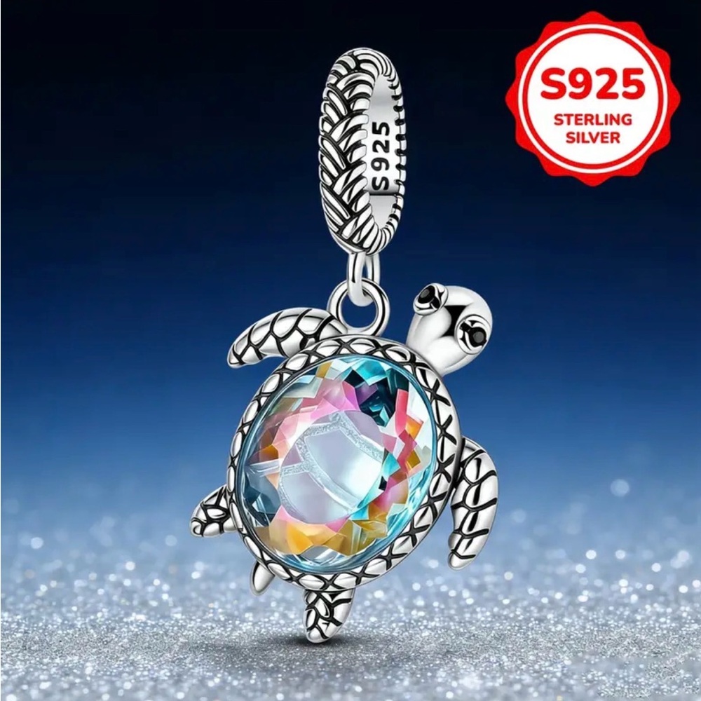 925 Sterling Silver Swimming Sea Turtle Pendant with Multicolor Crystal